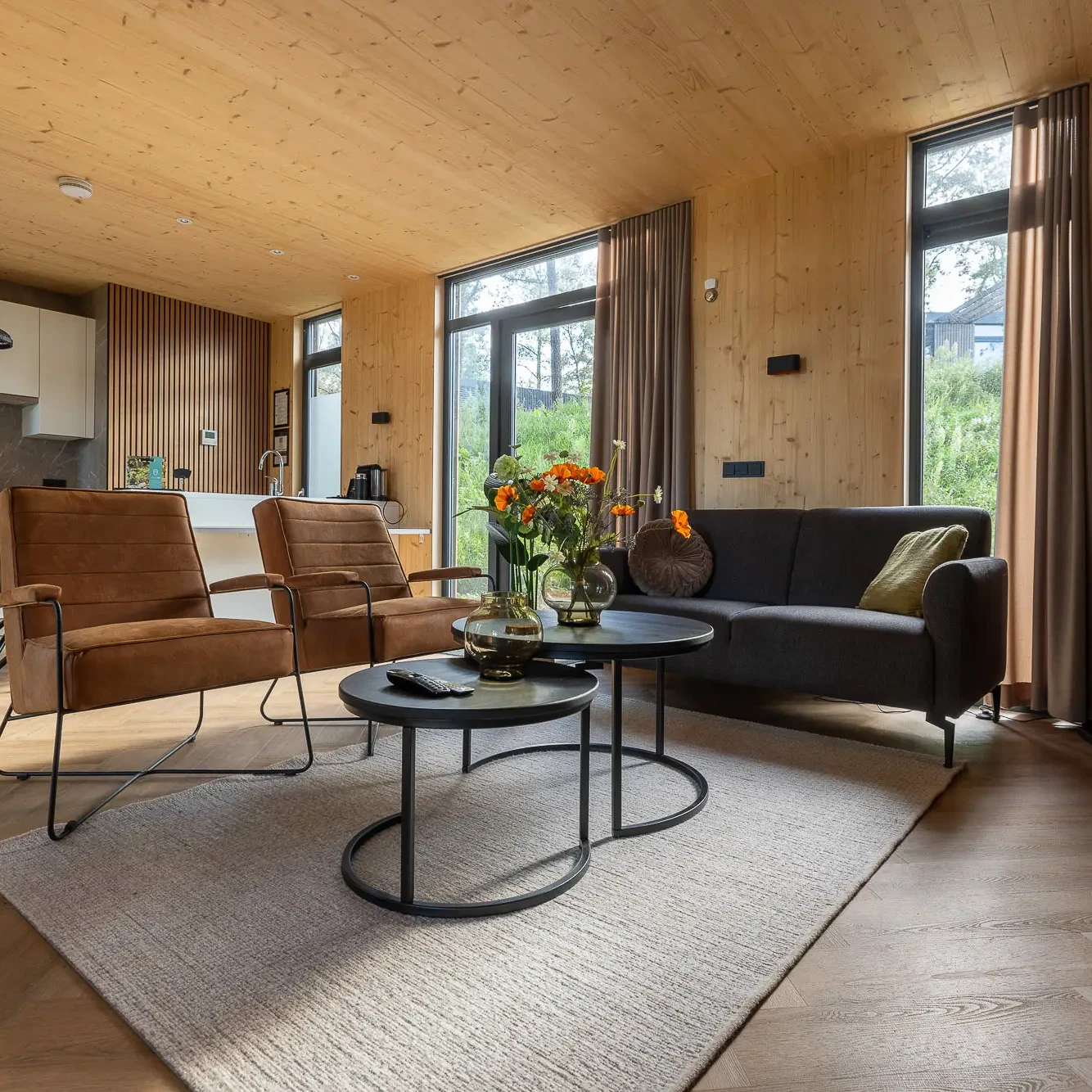 Moderne woonkamer met houten wanden en plafond in luxe Panorama lodge Markelo